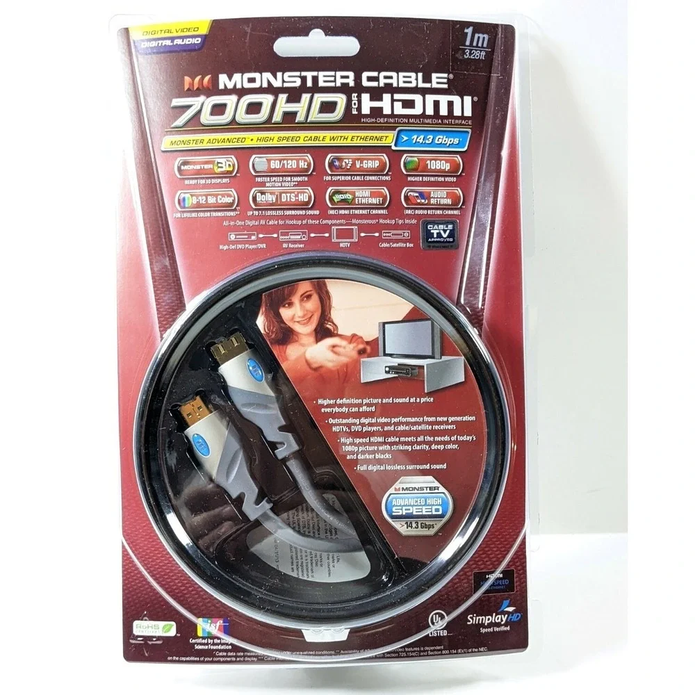 Monster Cable 700HD High Speed HDMI Cable with Ethernet 1m 3.28ft 14.3 Gbps